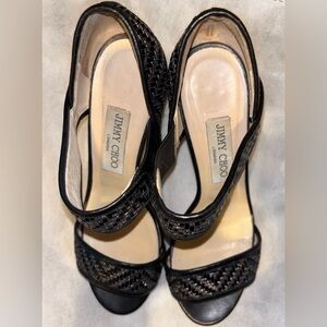 Jimmy Choo Alana Metallic Woven High Heel Sandal Leather Black Silver Size 7 1/2